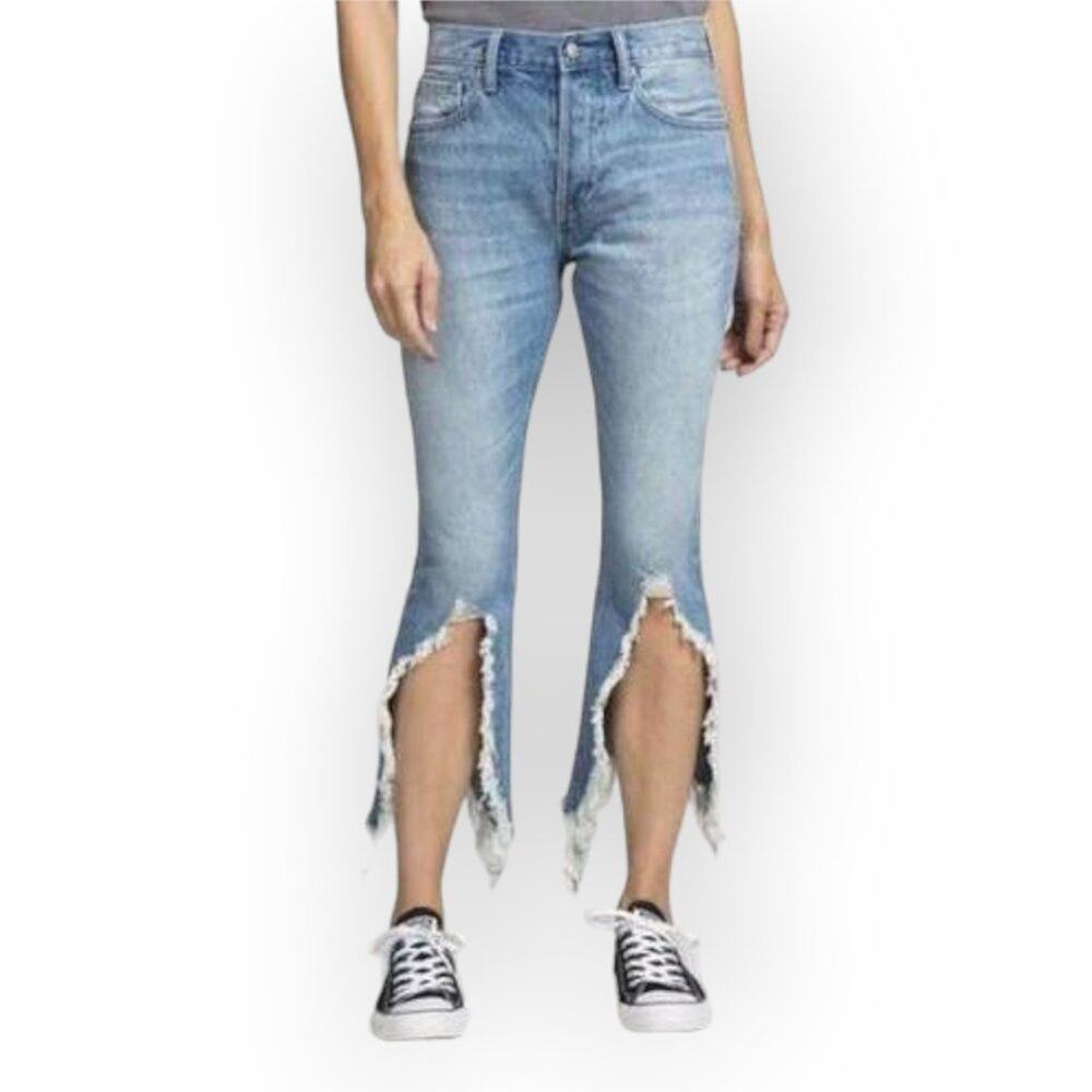 PRPS Biscayne High Rise Crop Jeans SIZE 28 Blue Frayed Hem Button Fly Distressed